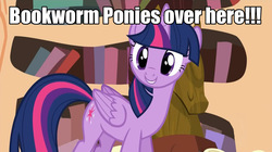 Size: 1280x717 | Tagged: safe, edit, edited screencap, screencap, twilight sparkle, alicorn, pony, g4, twilight time, adorkable, bookworm, caption, cute, dork, female, image macro, mare, meme, solo, twilight sparkle (alicorn)