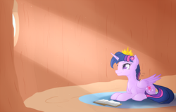 Size: 1602x1024 | Tagged: safe, artist:blastdown, twilight sparkle, alicorn, pony, g4, twilight time, book, crepuscular rays, female, flower, mare, new crown, prone, smiling, solo, twilight sparkle (alicorn), window