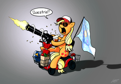 Size: 2368x1647 | Tagged: safe, artist:dori-to, applejack, earth pony, pony, g4, apple, baseball cap, beer, dialogue, doritos, female, flag, flag of equestria, gradient background, gun, hat, minigun, murica, parody, ponified, questria, redneck, scooter, solo, stereotype, sunglasses, weapon, zap apple jam