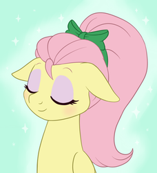 Size: 879x964 | Tagged: safe, artist:marindashy, fluttershy, g4, alternate hairstyle, bow, eyes closed, eyeshadow, female, floppy ears, high ponytail, ponytail, smiling, solo