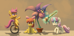 Size: 1409x696 | Tagged: dead source, safe, artist:grissaecrim, apple bloom, scootaloo, sweetie belle, earth pony, pegasus, pony, unicorn, g4, twilight time, apple bloom's bow, blank flank, bow, broom, cutie mark crusaders, female, filly, flower, flower pot, foal, glowing, glowing horn, hair bow, horn, magic, magic aura, open mouth, plant, raised hoof, riding, sitting, smiling, telekinesis, unicycle