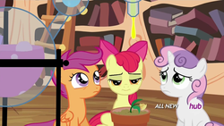 Size: 1920x1080 | Tagged: safe, screencap, apple bloom, scootaloo, sweetie belle, g4, twilight time, hub logo