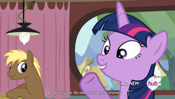 Size: 854x480 | Tagged: safe, edit, edited screencap, screencap, coco crusoe, twilight sparkle, alicorn, earth pony, pony, g4, my little pony: friendship is magic, twilight time, female, hub logo, male, mare, meme, money, stallion, twilight sparkle (alicorn), youtube caption