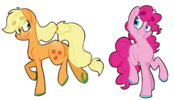 Size: 1280x733 | Tagged: safe, artist:flower-power-love, applejack, pinkie pie, earth pony, pony, g4, beanbrows, cutie mark, duo, eyebrows, female, hooves, horseshoes, looking at each other, mare, simple background, smiling, transparent background, trotting, wingding eyes
