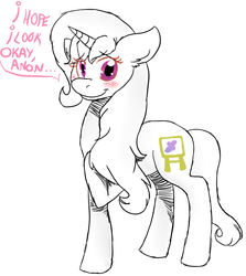 Size: 708x795 | Tagged: artist needed, safe, oc, oc only, oc:blank canvas, pony, unicorn, blushing, female, loose hair, mare, solo