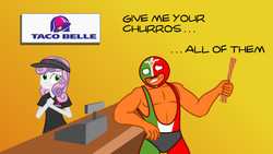 Size: 1920x1080 | Tagged: safe, sweetie belle, equestria girls, g4, churros, el burro del churro, fast food, luchador, pun, taco bell, taco belle