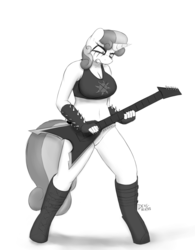 Size: 1963x2521 | Tagged: safe, artist:devs-iratvs, sweetie belle, anthro, unguligrade anthro, g4, belly button, black metal, boots, breasts, bullet belt, busty sweetie belle, cleavage, clothes, corpse paint, female, guitar, metal, metal belle, monochrome, older, panties, solo, spiked wristband, sports bra, underwear, wristband