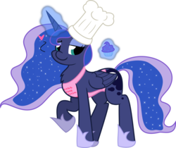 Size: 1600x1346 | Tagged: safe, artist:amberacrylic, princess luna, g4, apron, chef's hat, chest fluff, clothes, cupcake, female, hat, heart, magic, simple background, solo