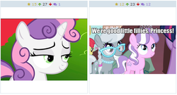 Size: 511x276 | Tagged: safe, apple bloom, diamond tiara, silver spoon, sweetie belle, twilight sparkle, alicorn, pony, derpibooru, g4, my little pony: friendship is magic, twilight time, exploitable meme, juxtaposition, juxtaposition win, meme, meta, twilight sparkle (alicorn)