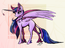 Size: 1280x946 | Tagged: dead source, safe, artist:probablyfakeblonde, twilight sparkle, alicorn, classical unicorn, pony, g4, blank flank, female, frown, horn, horn jewelry, jewelry, leonine tail, long mane, mare, solo, spread wings, twilight sparkle (alicorn), unshorn fetlocks