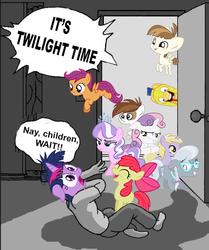 Size: 356x426 | Tagged: safe, artist:velgarn, apple bloom, diamond tiara, dinky hooves, featherweight, flash sentry, pipsqueak, scootaloo, silver spoon, sweetie belle, twilight sparkle, g4, twilight time, cutie mark crusaders, goofy time, meme, scootaloo can fly