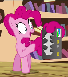 Size: 717x810 | Tagged: safe, artist:saburodaimando, edit, screencap, pinkie pie, g4, three's a crowd, bat credit card, batman, dc comics, female, nostalgia critic, pinkie's exciting flyer, prehensile tail, solo, tail hold, this will end in tears