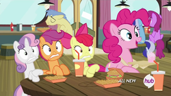 Size: 1920x1080 | Tagged: safe, screencap, apple bloom, berry punch, berryshine, goldengrape, minuette, pinkie pie, scootaloo, sir colton vines iii, sweetie belle, earth pony, pony, g4, twilight time, hay burger, hub logo, male, stallion