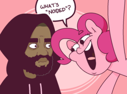 Size: 1000x740 | Tagged: safe, pinkie pie, human, pony, g4, abstract background, clothes, death grips, dialogue, hoodie, mc ride, noided, open mouth, pinkie being pinkie, rapper, speech bubble