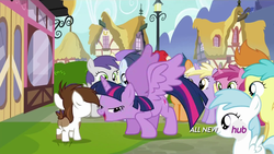 Size: 1920x1080 | Tagged: safe, screencap, alula, cotton cloudy, dinky hooves, first base, gallop j. fry, pipsqueak, pluto, rainy feather, ruby pinch, shady daze, tornado bolt, twilight sparkle, twist, alicorn, earth pony, pegasus, pony, unicorn, g4, twilight time, butt, hub logo, lidded eyes, out of context, plot, standing, twilight sparkle (alicorn), twistand