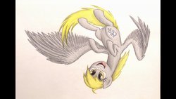 Size: 1191x670 | Tagged: safe, artist:thefriendlyelephant, derpy hooves, pegasus, pony, g4, female, flying, happy, mare, smiling, solo, traditional art, upside down