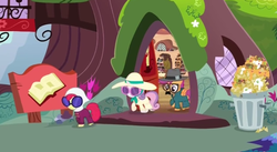 Size: 693x381 | Tagged: safe, screencap, apple bloom, scootaloo, sweetie belle, pegasus, pony, unicorn, g4, twilight time, clothes, costume, cutie mark crusaders, disguise, door, female, filly, foal, glasses, golden oaks library, library, nachos, sunglasses, trash can