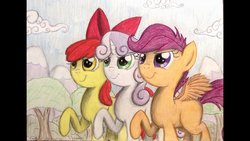 Size: 1024x576 | Tagged: safe, artist:thefriendlyelephant, apple bloom, scootaloo, sweetie belle, earth pony, pony, g4, cutie mark crusaders, determined, traditional art, tree