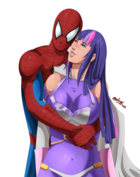 Size: 795x1005 | Tagged: safe, artist:mario-reg, twilight sparkle, human, g4, amethyst sorceress, belly button, bodysuit, breasts, cleavage, crossover, crossover shipping, female, hug, humanized, light skin, male, marvel, peter parker, shipping, simple background, smiling, spider-man, spiders and magic: rise of spider-mane, spidertwi, standing, straight, superhero, transparent background