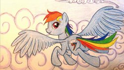 Size: 1024x576 | Tagged: safe, artist:thefriendlyelephant, rainbow dash, g4, cloud, cloudy, cutie mark, female, flying, smiling, solo, traditional art, wings