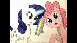 Size: 1191x670 | Tagged: safe, artist:thefriendlyelephant, pinkie pie, rarity, g4, duo, ruler, traditional art