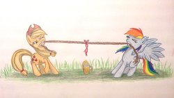 Size: 1024x576 | Tagged: safe, artist:thefriendlyelephant, applejack, rainbow dash, g4, backwards cutie mark, cider, colored pencil drawing, duo, eyes closed, gritted teeth, mouth hold, mug, pulling, raised hoof, rope, spread wings, struggling, traditional art, tug of war