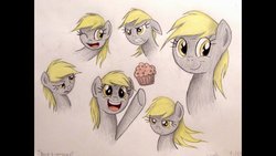 Size: 1024x576 | Tagged: safe, artist:thefriendlyelephant, derpy hooves, pegasus, pony, g4, angry, bedroom eyes, confused, derp, dizzy hooves, excited, expressions, female, floppy ears, frown, funny face, glare, gritted teeth, happy, hooves, mare, muffin, open mouth, raised eyebrow, smiling, solo, traditional art, wink