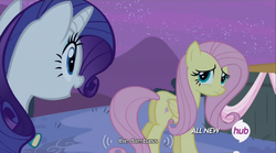 Size: 640x355 | Tagged: safe, screencap, fluttershy, rarity, filli vanilli, g4, meme, youtube caption