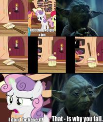 Size: 1500x1766 | Tagged: safe, sweetie belle, g4, my little pony: friendship is magic, twilight time, broom, image macro, meme, star wars, star wars: the empire strikes back, the force, yoda