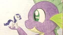 Size: 1191x670 | Tagged: safe, artist:thefriendlyelephant, rarity, spike, g4, duo, micro, size difference, traditional art