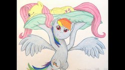 Size: 1191x670 | Tagged: safe, artist:thefriendlyelephant, fluttershy, rainbow dash, g4, colored pencil drawing, female, lifting, pillow, solo, traditional art
