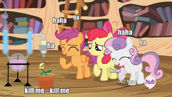 Size: 960x540 | Tagged: safe, edit, edited screencap, screencap, apple bloom, scootaloo, sweetie belle, g4, twilight time, cutie mark crusaders, dark comedy, drama seedling, hub logo, image macro, laughing, meme, plant