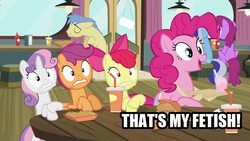 Size: 1280x720 | Tagged: safe, screencap, apple bloom, berry punch, berryshine, goldengrape, minuette, pinkie pie, scootaloo, sir colton vines iii, sweetie belle, earth pony, pony, g4, twilight time, caption, cutie mark crusaders, hay burger, male, meme, stallion, that is my fetish