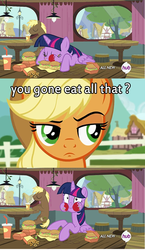 Size: 577x997 | Tagged: safe, edit, edited screencap, screencap, applejack, coco crusoe, twilight sparkle, alicorn, pony, g4, twilight time, comic, eating twilight, fast food, female, hay burger, image macro, mare, meme, screencap comic, that pony sure does love burgers, twilight burgkle, twilight sparkle (alicorn), unconvinced applejack