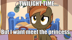 Size: 1920x1080 | Tagged: safe, button mash, earth pony, pony, g4, twilight time, bed, colt, foal, grammar error, hat, hooves, image macro, male, meme, pillow, propeller hat, sitting, solo, text