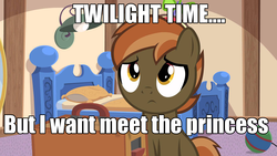 Size: 1920x1080 | Tagged: safe, button mash, earth pony, pony, g4, my little pony: friendship is magic, twilight time, bed, colt, foal, grammar error, hat, hooves, image macro, male, meme, pillow, propeller hat, sitting, solo, text