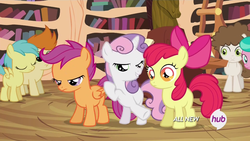 Size: 1083x610 | Tagged: safe, screencap, apple bloom, aquamarine, gallop j. fry, rainy feather, scootaloo, super funk, sweetie belle, g4, twilight time, cutie mark crusaders, eyes, hooves, hub logo