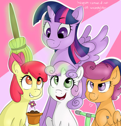 Size: 5500x5694 | Tagged: safe, artist:bloodyhellhayden, apple bloom, scootaloo, sweetie belle, twilight sparkle, alicorn, pony, g4, twilight time, absurd resolution, broom, cutie mark crusaders, female, flower, magic, mare, scooter, twilight sparkle (alicorn)