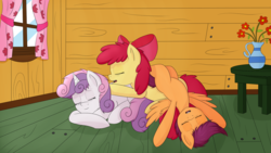 Size: 1920x1080 | Tagged: safe, artist:earth-sea-sky, apple bloom, scootaloo, sweetie belle, earth pony, pegasus, pony, unicorn, g4, adorabloom, apple bloom's bow, bow, clubhouse, crusaders clubhouse, cuddle puddle, cuddling, curtains, cute, cutealoo, cutie mark crusaders, diasweetes, eyes closed, female, filly, flower, foal, hair bow, messy mane, on back, open mouth, pony pile, prone, sleeping, smiling, snuggling, spread wings, table, tired, vase, window, wings