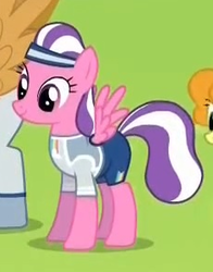 Size: 230x293 | Tagged: safe, screencap, abradacanter, carrot top, golden harvest, pegasus, pony, g4, animation error, background pony, clothes, cropped, female, hat, mare, shirt, shorts, small wings, solo focus