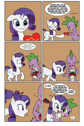 Size: 2100x3150 | Tagged: safe, artist:bico-kun, rarity, spike, dragon, pony, unicorn, g4, chocolate, comic, female, glomp, heart shaped box, hearts and hooves day, innuendo, long tongue, magic, male, mare, older, older spike, raised tail, ship:sparity, shipping, straight, tailboner, teenage spike, teenaged dragon, teenager, tongue out