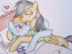 Size: 1622x1214 | Tagged: safe, artist:rainbowdashzpegasus, daring do, rainbow dash, g4, bed, blushing, book, cuddling, eyes closed, hospital, hug, snuggling, traditional art