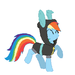 Size: 300x300 | Tagged: dead source, safe, artist:tomdantherock, rainbow dash, pegasus, pony, g4, animated, bunny ears, clothes, costume, cute, dancing, dangerous mission outfit, dashabetes, eyes closed, female, happy, hoodie, mare, pixel art, raised hoof, simple background, smiling, solo, transparent background