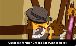 Size: 1600x973 | Tagged: safe, cheese sandwich, earth pony, pony, comic:celestia's servant interview, g4, caption, cs captions, hat, interview, male, meta, ponyville, solo, stallion