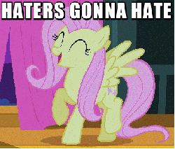 Size: 352x300 | Tagged: safe, edit, edited screencap, screencap, fluttershy, pegasus, pony, filli vanilli, g4, animated, caption, cute, dancing, eyes closed, female, flutterguy, gif, happy, haters gonna hate, mare, meme, prancing, shyabetes, singing, solo, stage