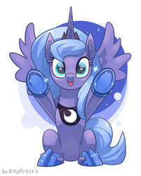 Size: 402x500 | Tagged: dead source, safe, artist:boguti, princess luna, alicorn, pony, g4, cute, female, hoof shoes, hug request, jewelry, looking at you, lunabetes, open mouth, peytral, pixiv, regalia, s1 luna, smiling, solo, spread wings, wings