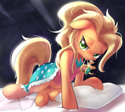 Size: 1000x899 | Tagged: safe, artist:aymint, applejack, earth pony, pony, g4, applejewel, bed, bedroom eyes, featureless crotch, female, floppy ears, loose hair, mare, mouth hold, pixiv, seductive, solo, stupid sexy applejack, sultry pose