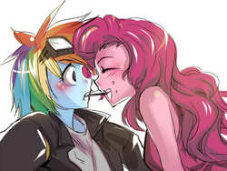 Size: 800x600 | Tagged: safe, artist:bakki, pinkie pie, rainbow dash, human, equestria girls, g4, blushing, female, goggles, humanized, lesbian, mouth hold, pocky, pocky game, pony coloring, ship:pinkiedash, shipping, surprised