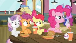 Size: 1280x720 | Tagged: safe, screencap, apple bloom, berry punch, berryshine, goldengrape, minuette, pinkie pie, scootaloo, sir colton vines iii, sweetie belle, earth pony, pegasus, pony, unicorn, g4, twilight time, burger, female, filly, foal, food, french fries, hay burger, hay fries, hub logo, male, mare, stallion