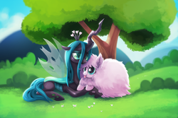 Size: 1500x1000 | Tagged: safe, artist:tsaoshin, queen chrysalis, oc, oc:fluffle puff, changeling, changeling queen, :p, blushing, canon x oc, chrysipuff, cuddling, cute, cutealis, featured image, female, flufflebetes, grass, heart, holding hooves, lesbian, lidded eyes, ocbetes, outdoors, prone, shipping, smiling, snuggling, tongue out, tree